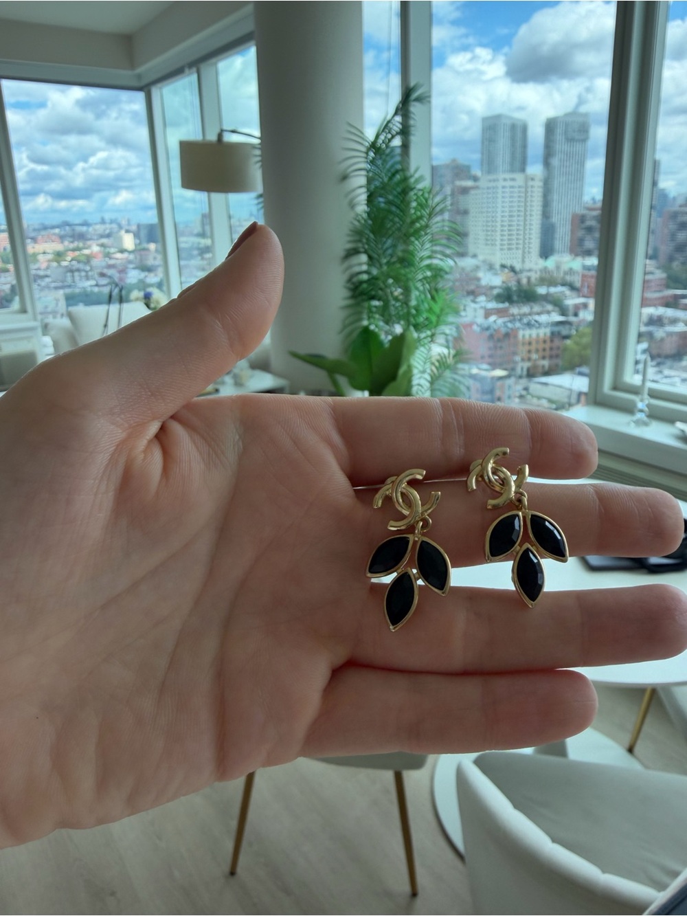 Chanel Black and Gold Leaf Earrings with Double C Design